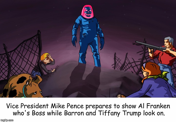 Vice President Mike Pence: Action Hero!  | Vice President Mike Pence prepares to show Al Franken who's Boss while Barron and Tiffany Trump look on. | image tagged in mike pence,jonny quest,race bannon,scooby doo,al franken | made w/ Imgflip meme maker