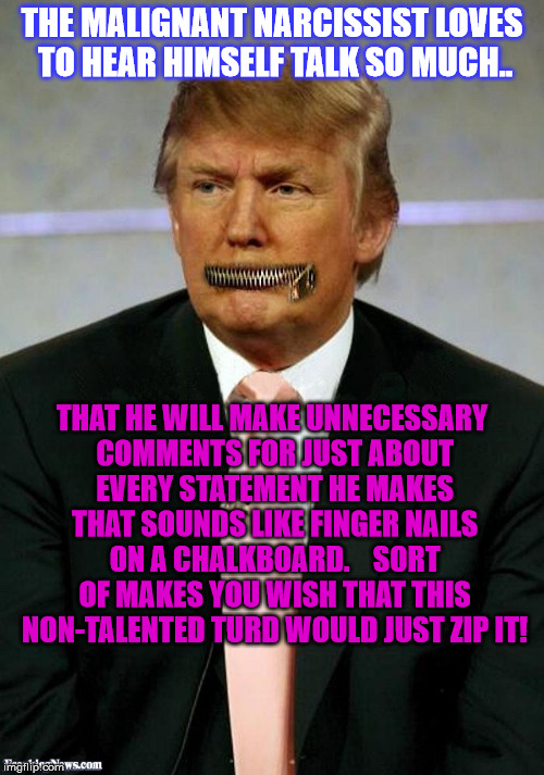 Rambles on Bigly ! | THE MALIGNANT NARCISSIST LOVES TO HEAR HIMSELF TALK SO MUCH.. THAT HE WILL MAKE UNNECESSARY COMMENTS FOR JUST ABOUT EVERY STATEMENT HE MAKES THAT SOUNDS LIKE FINGER NAILS ON A CHALKBOARD. 


SORT OF MAKES YOU WISH THAT THIS NON-TALENTED TURD WOULD JUST ZIP IT! | image tagged in donald trump | made w/ Imgflip meme maker