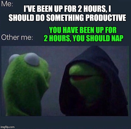 Any given weekend or week off | I'VE BEEN UP FOR 2 HOURS, I SHOULD DO SOMETHING PRODUCTIVE; YOU HAVE BEEN UP FOR 2 HOURS, YOU SHOULD NAP | image tagged in evil kermit | made w/ Imgflip meme maker