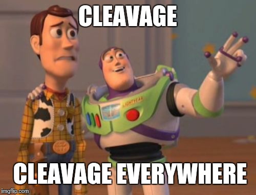 This is probably a repost, but i couldn't think of anything else | CLEAVAGE; CLEAVAGE EVERYWHERE | image tagged in memes,x x everywhere | made w/ Imgflip meme maker