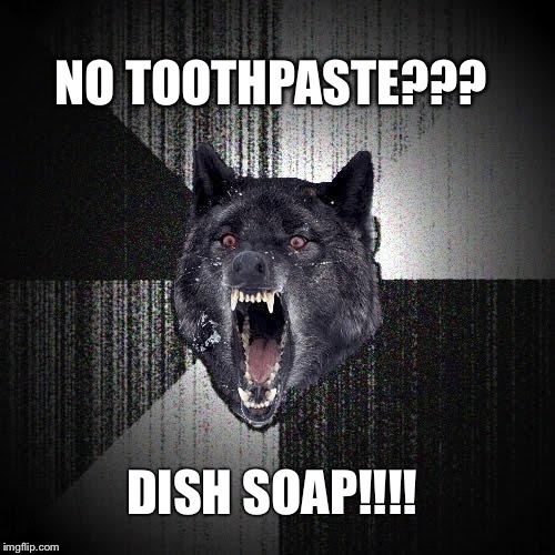Insanity Wolf | NO TOOTHPASTE??? DISH SOAP!!!! | image tagged in memes,insanity wolf | made w/ Imgflip meme maker