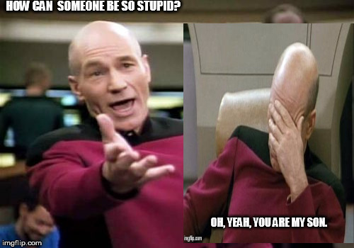 Picard Wtf | HOW CAN  SOMEONE BE SO STUPID? OH, YEAH, YOU ARE MY SON. | image tagged in memes,picard wtf | made w/ Imgflip meme maker