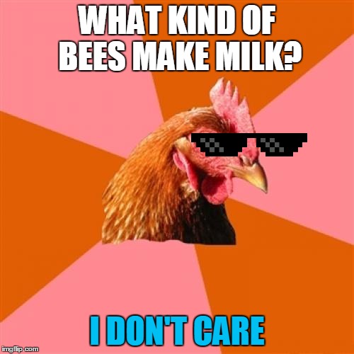 Anti Joke Chicken is doing his "breast" not to tell a Cleavage Week joke! April 17-23. | WHAT KIND OF BEES MAKE MILK? I DON'T CARE | image tagged in memes,anti joke chicken,boobs,boo bees,cleavage,cleavage week | made w/ Imgflip meme maker