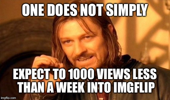 One Does Not Simply Meme | ONE DOES NOT SIMPLY EXPECT TO 1000 VIEWS LESS THAN A WEEK INTO IMGFLIP | image tagged in memes,one does not simply | made w/ Imgflip meme maker