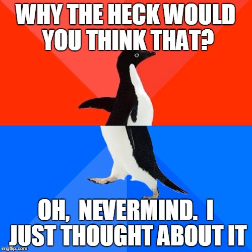Socially Awesome Awkward Penguin Meme | WHY THE HECK WOULD YOU THINK THAT? OH,  NEVERMIND.  I JUST THOUGHT ABOUT IT | image tagged in memes,socially awesome awkward penguin | made w/ Imgflip meme maker