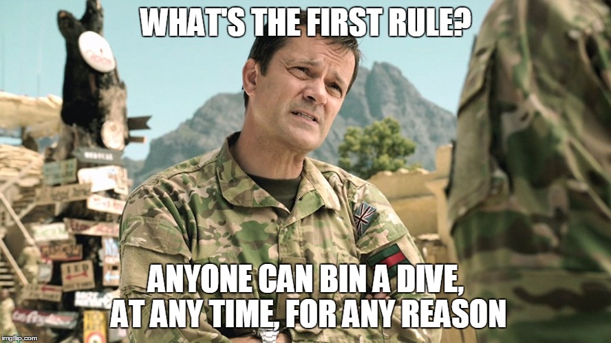 WHAT'S THE FIRST RULE? ANYONE CAN BIN A DIVE, AT ANY TIME, FOR ANY REASON | image tagged in first rule | made w/ Imgflip meme maker