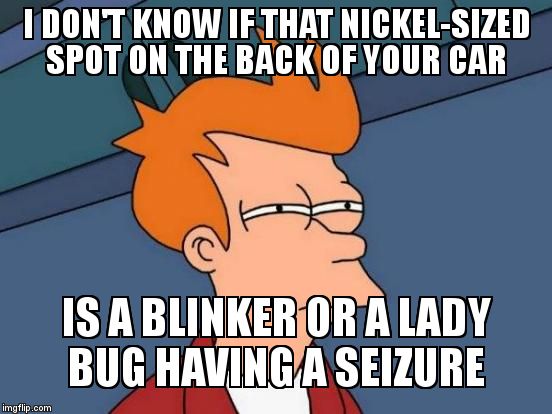 Futurama Fry Meme | I DON'T KNOW IF THAT NICKEL-SIZED SPOT ON THE BACK OF YOUR CAR; IS A BLINKER OR A LADY BUG HAVING A SEIZURE | image tagged in memes,futurama fry | made w/ Imgflip meme maker