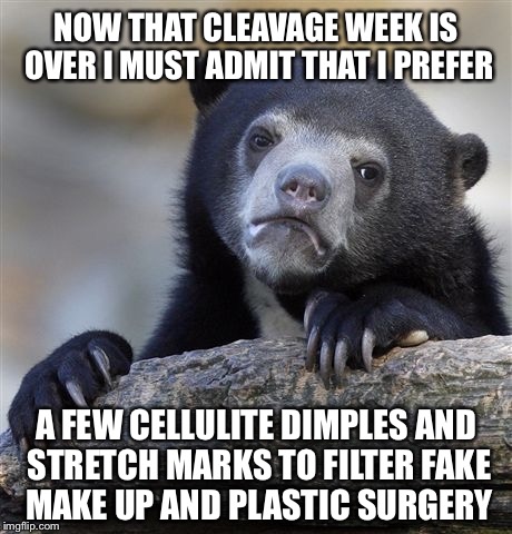 Confession Bear Meme |  NOW THAT CLEAVAGE WEEK IS OVER I MUST ADMIT THAT I PREFER; A FEW CELLULITE DIMPLES AND STRETCH MARKS TO FILTER FAKE MAKE UP AND PLASTIC SURGERY | image tagged in memes,confession bear,cleavage week | made w/ Imgflip meme maker