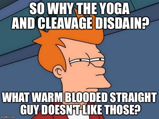 Futurama Fry Meme | SO WHY THE YOGA AND CLEAVAGE DISDAIN? WHAT WARM BLOODED STRAIGHT GUY DOESN'T LIKE THOSE? | image tagged in memes,futurama fry | made w/ Imgflip meme maker