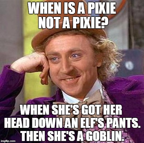 Creepy Condescending Wonka Meme | WHEN IS A PIXIE NOT A PIXIE? WHEN SHE'S GOT HER HEAD DOWN AN ELF'S PANTS. THEN SHE'S A GOBLIN. | image tagged in memes,creepy condescending wonka | made w/ Imgflip meme maker