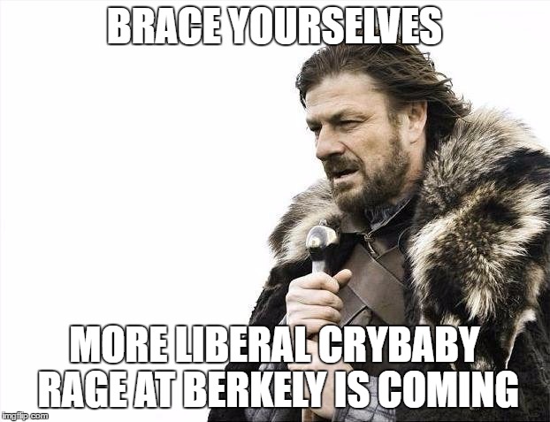 Brace Yourselves X is Coming Meme | BRACE YOURSELVES; MORE LIBERAL CRYBABY RAGE AT BERKELY IS COMING | image tagged in memes,brace yourselves x is coming | made w/ Imgflip meme maker
