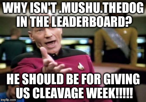 Let's all give thanx to .Mushu.thedog | WHY ISN'T .MUSHU.THEDOG IN THE LEADERBOARD? HE SHOULD BE FOR GIVING US CLEAVAGE WEEK!!!!! | image tagged in memes,picard wtf,cleavage week | made w/ Imgflip meme maker