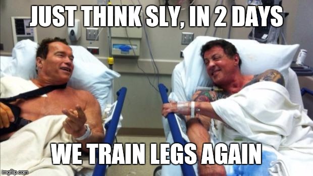 arnold and stallone hospital | JUST THINK SLY, IN 2 DAYS; WE TRAIN LEGS AGAIN | image tagged in arnold and stallone hospital | made w/ Imgflip meme maker