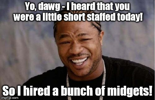 Sort of a small problem. | Yo, dawg - I heard that you were a little short staffed today! So I hired a bunch of midgets! | image tagged in memes,yo dawg heard you | made w/ Imgflip meme maker