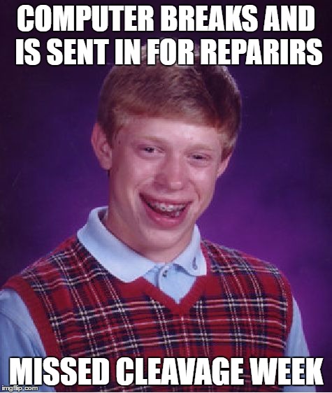 This happened to me | COMPUTER BREAKS AND IS SENT IN FOR REPARIRS; MISSED CLEAVAGE WEEK | image tagged in memes,bad luck brian | made w/ Imgflip meme maker