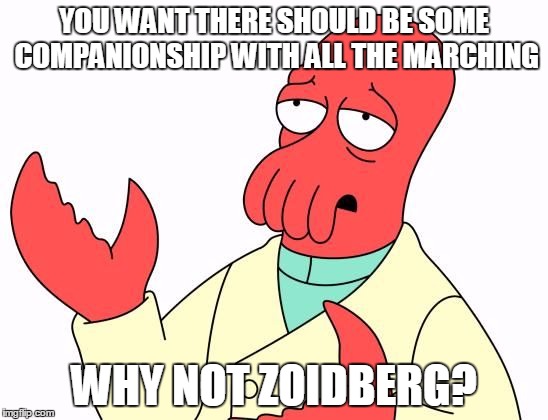 YOU WANT THERE SHOULD BE SOME COMPANIONSHIP WITH ALL THE MARCHING WHY NOT ZOIDBERG? | image tagged in zoid | made w/ Imgflip meme maker