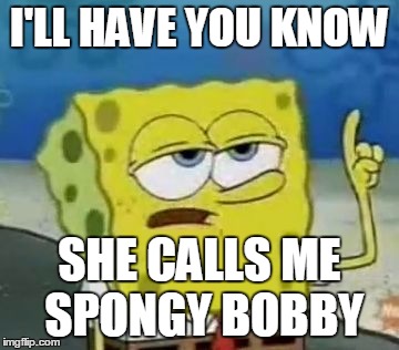 I'LL HAVE YOU KNOW SHE CALLS ME SPONGY BOBBY | image tagged in have you know | made w/ Imgflip meme maker