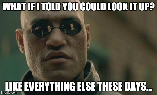 Matrix Morpheus Meme | WHAT IF I TOLD YOU COULD LOOK IT UP? LIKE EVERYTHING ELSE THESE DAYS... | image tagged in memes,matrix morpheus | made w/ Imgflip meme maker