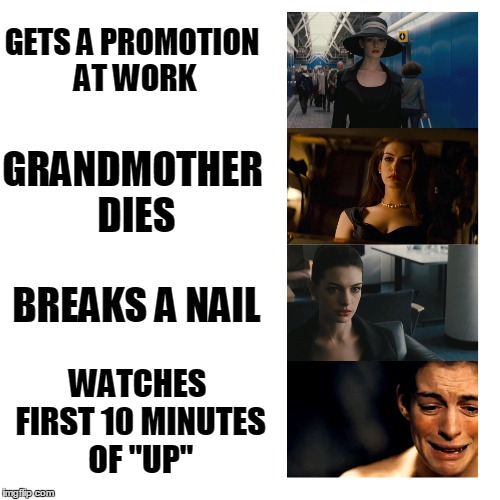 The emotional range | GETS A PROMOTION AT WORK; GRANDMOTHER DIES; BREAKS A NAIL; WATCHES FIRST 10 MINUTES OF "UP" | image tagged in emotions,resting bitch face | made w/ Imgflip meme maker