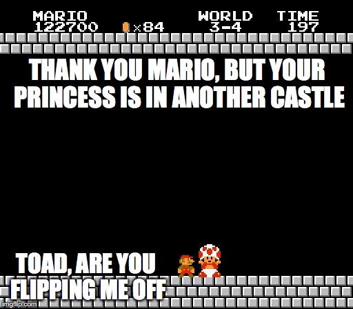 Thank You Mario | THANK YOU MARIO, BUT YOUR PRINCESS IS IN ANOTHER CASTLE; TOAD, ARE YOU FLIPPING ME OFF | image tagged in thank you mario | made w/ Imgflip meme maker