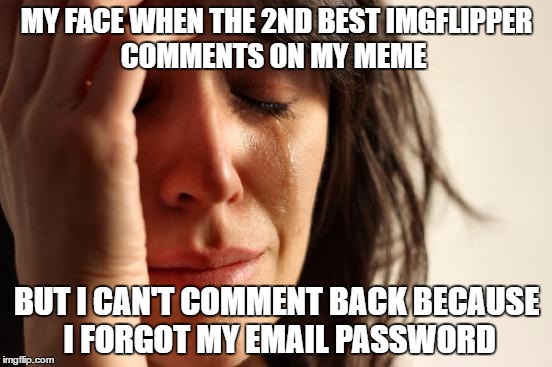 First World Problems | MY FACE WHEN THE 2ND BEST IMGFLIPPER COMMENTS ON MY MEME; BUT I CAN'T COMMENT BACK BECAUSE I FORGOT MY EMAIL PASSWORD | image tagged in memes,first world problems | made w/ Imgflip meme maker