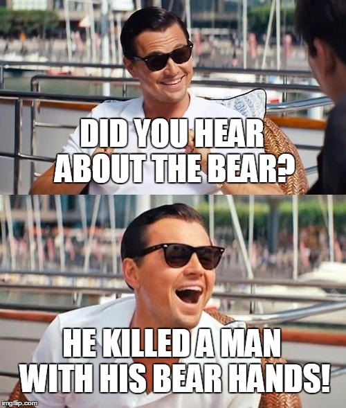 Leonardo Dicaprio Wolf Of Wall Street Meme | DID YOU HEAR ABOUT THE BEAR? HE KILLED A MAN WITH HIS BEAR HANDS! | image tagged in memes,leonardo dicaprio wolf of wall street | made w/ Imgflip meme maker