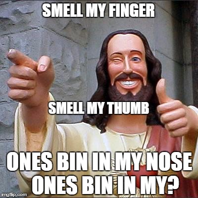 Buddy Christ | SMELL MY FINGER; SMELL MY THUMB; ONES BIN IN MY NOSE   ONES BIN IN MY? | image tagged in memes,buddy christ | made w/ Imgflip meme maker