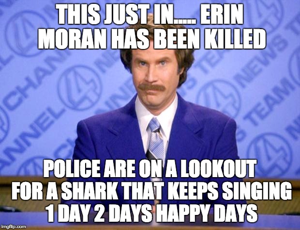 This just in  | THIS JUST IN..... ERIN MORAN HAS BEEN KILLED; POLICE ARE ON A LOOKOUT FOR A SHARK THAT KEEPS SINGING 1 DAY 2 DAYS HAPPY DAYS | image tagged in this just in | made w/ Imgflip meme maker