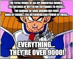 What a thought during my experience in Undertale... | THE TOTAL VIEWS OF ALL MY UNDERTALE MEMES... THE RATINGS OF METTATON EX(THANKS TO FRISK)... THE DAMAGE OF SANS DURING HIS FIGHT DONE BY CHARA... THE DETERMINATION POWER OF FRISK... EVERYTHING... THEY'RE OVER 9000! | image tagged in its over 9000,sans undertale,undertale,frisk,undertale chara | made w/ Imgflip meme maker