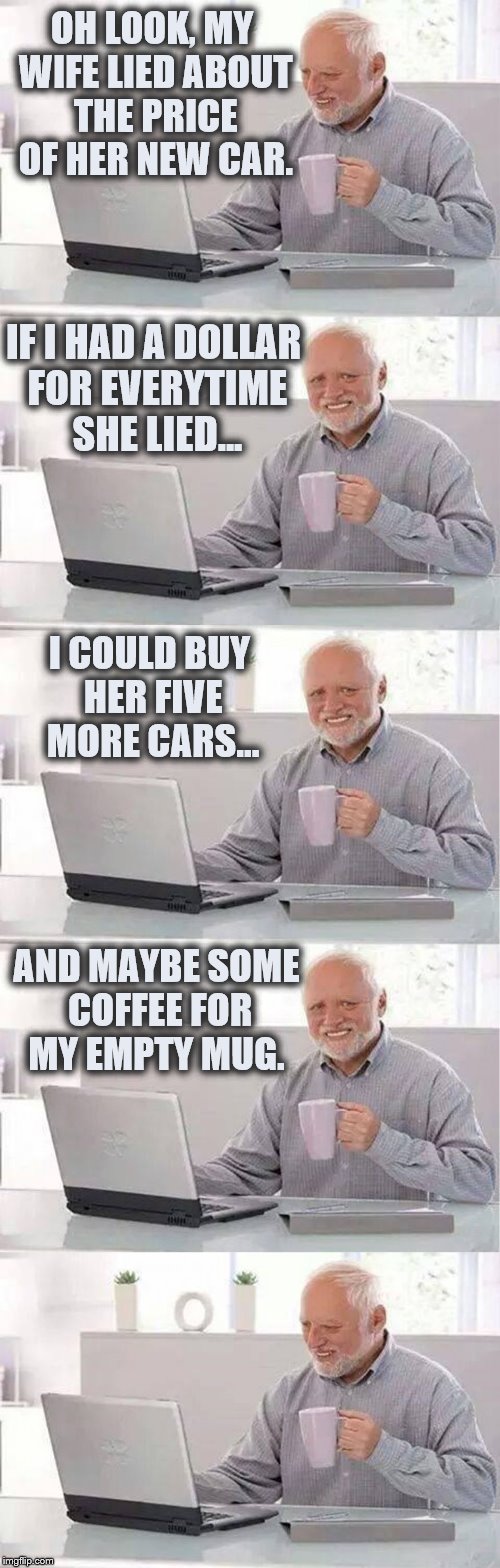 If Harold had a Dollar   | OH LOOK, MY WIFE LIED ABOUT THE PRICE OF HER NEW CAR. IF I HAD A DOLLAR FOR EVERYTIME SHE LIED... I COULD BUY HER FIVE MORE CARS... AND MAYBE SOME COFFEE FOR MY EMPTY MUG. | image tagged in hide the pain harold,memes,car,wife,funny | made w/ Imgflip meme maker