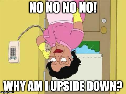 Consuela Meme | NO NO NO NO! WHY AM I UPSIDE DOWN? | image tagged in family guy maid on phone | made w/ Imgflip meme maker