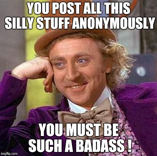 Creepy Condescending Wonka Meme | YOU POST ALL THIS SILLY STUFF ANONYMOUSLY YOU MUST BE SUCH A BADASS ! | image tagged in memes,creepy condescending wonka | made w/ Imgflip meme maker