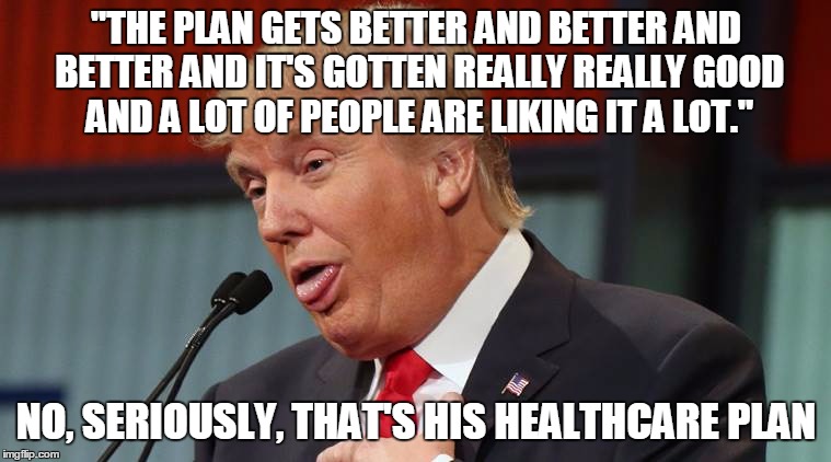 "THE PLAN GETS BETTER AND BETTER AND BETTER AND IT'S GOTTEN REALLY REALLY GOOD AND A LOT OF PEOPLE ARE LIKING IT A LOT."; NO, SERIOUSLY, THAT'S HIS HEALTHCARE PLAN | image tagged in politics,health care | made w/ Imgflip meme maker