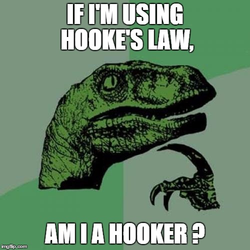 Philosoraptor | IF I'M USING HOOKE'S LAW, AM I A HOOKER ? | image tagged in memes,philosoraptor | made w/ Imgflip meme maker