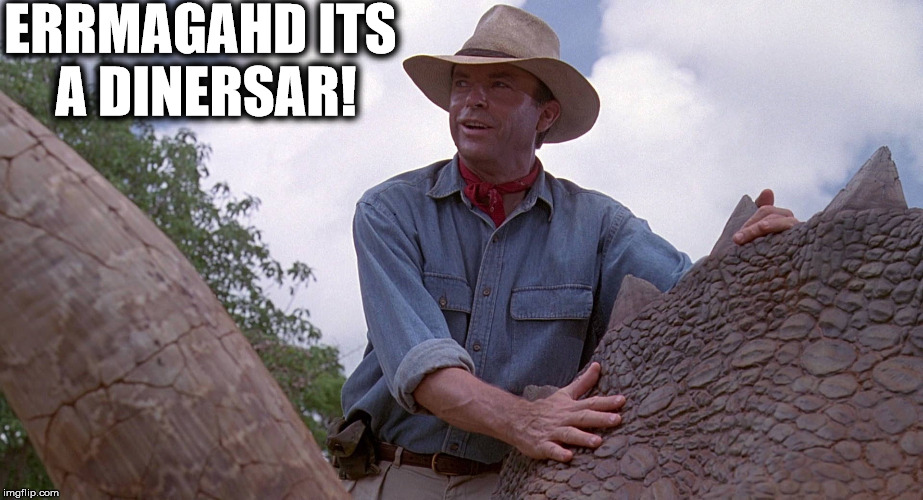 ERRMAGAHD ITS A DINERSAR! | image tagged in oh my god exclamation dinosaurs happy surprise | made w/ Imgflip meme maker