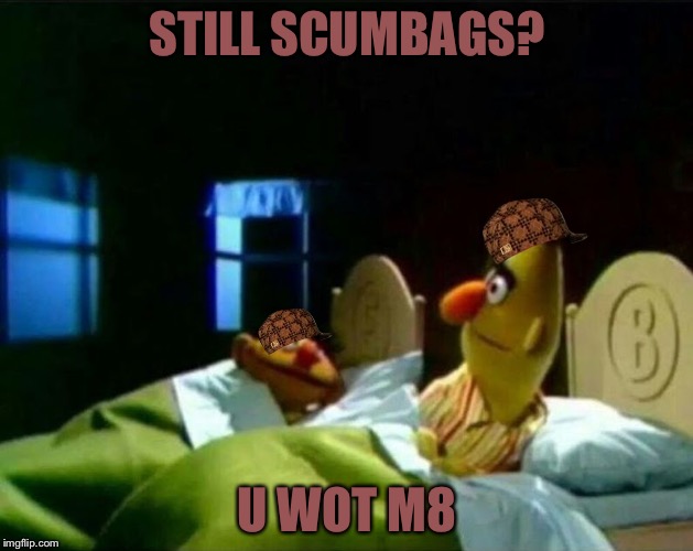 Ernie and Bert | STILL SCUMBAGS? U WOT M8 | image tagged in ernie and bert,scumbag | made w/ Imgflip meme maker