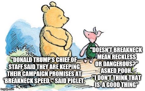 winnie the pooh and piglet | "DOESN'T BREAKNECK MEAN RECKLESS OR DANGEROUS?" ASKED POOH. "I DON'T THINK THAT IS  A GOOD THING"; "DONALD TRUMP'S CHIEF OF STAFF SAID THEY ARE KEEPING THEIR CAMPAIGN PROMISES AT 'BREAKNECK SPEED,'" SAID PIGLET. | image tagged in winnie the pooh and piglet | made w/ Imgflip meme maker