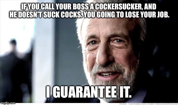 I Guarantee It Meme | IF YOU CALL YOUR BOSS A COCKERSUCKER, AND HE DOESN'T SUCK COCKS. YOU GOING TO LOSE YOUR JOB. I GUARANTEE IT. | image tagged in memes,i guarantee it | made w/ Imgflip meme maker