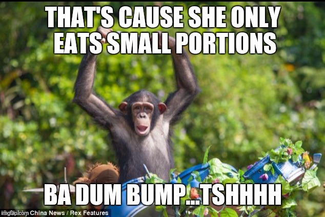 THAT'S CAUSE SHE ONLY EATS SMALL PORTIONS BA DUM BUMP...TSHHHH | made w/ Imgflip meme maker