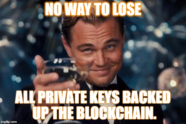 Leonardo Dicaprio Cheers Meme | NO WAY TO LOSE; ALL PRIVATE KEYS BACKED UP THE BLOCKCHAIN. | image tagged in memes,leonardo dicaprio cheers | made w/ Imgflip meme maker