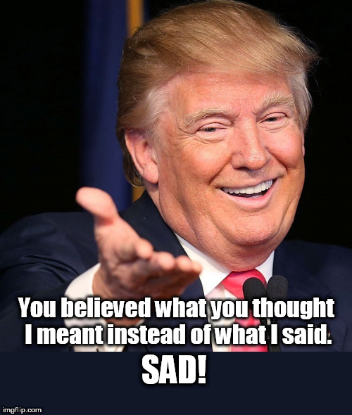 You believed what you thought I meant instead of what I said. SAD! | image tagged in trump,donald trump,trump lies | made w/ Imgflip meme maker