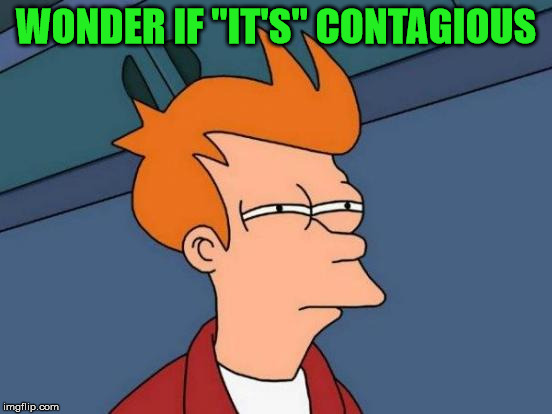Futurama Fry Meme | WONDER IF "IT'S" CONTAGIOUS | image tagged in memes,futurama fry | made w/ Imgflip meme maker