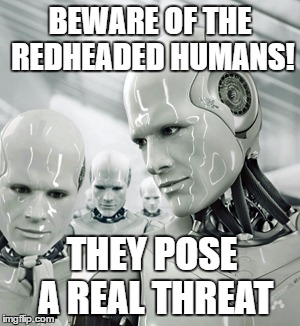 Robots | BEWARE OF THE REDHEADED HUMANS! THEY POSE A REAL THREAT | image tagged in memes,robots | made w/ Imgflip meme maker