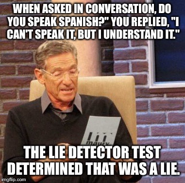 Maury Lie Detector Meme | WHEN ASKED IN CONVERSATION, DO YOU SPEAK SPANISH?" YOU REPLIED, "I CAN'T SPEAK IT, BUT I UNDERSTAND IT."; THE LIE DETECTOR TEST DETERMINED THAT WAS A LIE. | image tagged in memes,maury lie detector | made w/ Imgflip meme maker