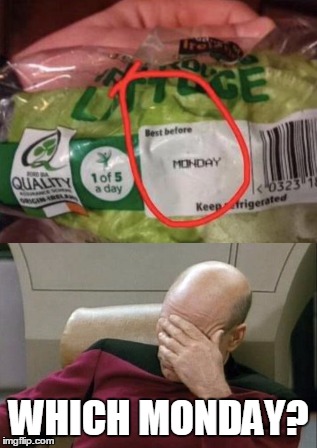 Lettuce stop and think about it for a minute | WHICH MONDAY? | image tagged in memes,captain picard facepalm,trhtimmy,food | made w/ Imgflip meme maker