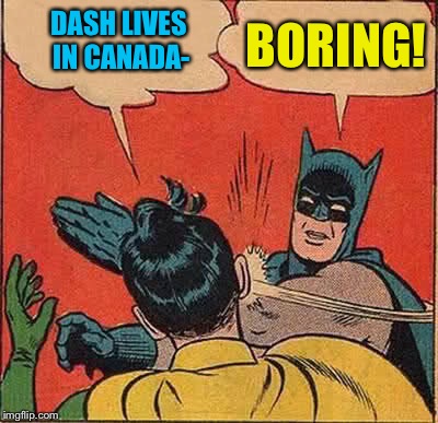 Batman Slapping Robin Meme | DASH LIVES IN CANADA- BORING! | image tagged in memes,batman slapping robin | made w/ Imgflip meme maker