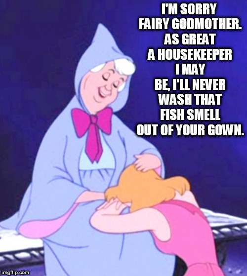 I'M SORRY FAIRY GODMOTHER. AS GREAT A HOUSEKEEPER I MAY BE, I'LL NEVER WASH THAT FISH SMELL OUT OF YOUR GOWN. | image tagged in cinderella,cinderella fairy godmother,disney,fairy tail,maid,fairy godmother | made w/ Imgflip meme maker