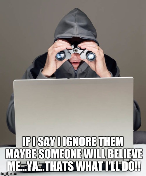 Computer Stalker | IF I SAY I IGNORE THEM MAYBE SOMEONE WILL BELIEVE ME...YA...THATS WHAT I'LL DO!! | image tagged in computer stalker,stalking,stalker,cyberstalking,troll | made w/ Imgflip meme maker