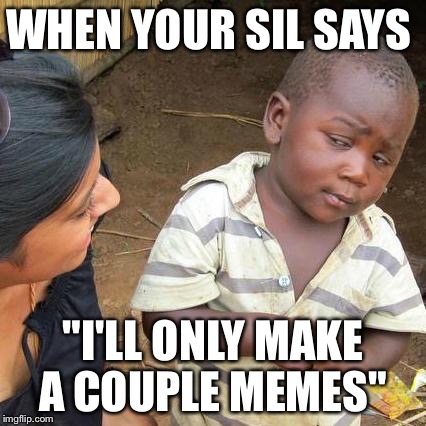 Third World Skeptical Kid | WHEN YOUR SIL SAYS; "I'LL ONLY MAKE A COUPLE MEMES" | image tagged in memes,third world skeptical kid | made w/ Imgflip meme maker