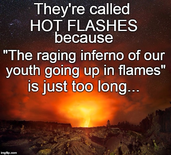 They're called; HOT FLASHES; because; "The raging inferno of our youth going up in flames"; is just too long... | image tagged in inferno | made w/ Imgflip meme maker